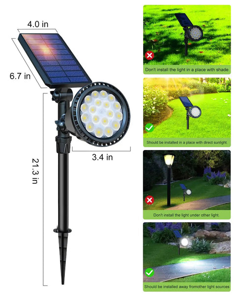 Solar Spot Lights Outdoor Waterproof IP65 Cool White 600LM Hella Bright 18 LEDs with installation guidelines
