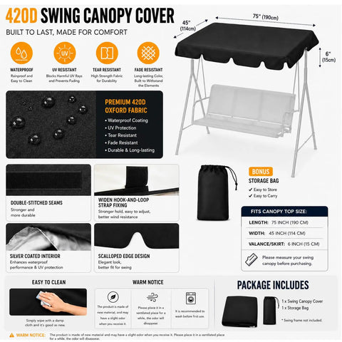 420D swing canopy cover showing details of Heavy Duty Patio Swing Canopy Replacement Top Waterproof Windproof UV Resistant Rip Proof Garden Cover Fits 75x45 Or 85x45 Outdoor Swing Seats For Yard Porch Park.