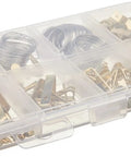 DIY Picture Hanging Hardware Kit 220 Piece Brass Finish Set With 24 Ten Pound, 14 Thirty Pound, 4 Fifty Pound, 3 Hundred Pound, 2 Eighty Pound, 2 One Twenty Pound Hangers, D Rings, Steel Wire, And Screw Eye Hooks in a plastic case