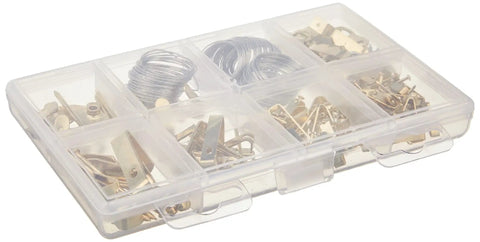 DIY Picture Hanging Hardware Kit 220 Piece Brass Finish Set With 24 Ten Pound, 14 Thirty Pound, 4 Fifty Pound, 3 Hundred Pound, 2 Eighty Pound, 2 One Twenty Pound Hangers, D Rings, Steel Wire, And Screw Eye Hooks in a plastic case