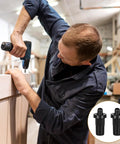 Man using a drill to install a 20 Piece Set Of Black Spring Loaded Cabinet Damper Pins Straight Action Hinge Rods For Door Repairs And Floating Shelves Sturdy Grip Hardware No Sweat Fix.