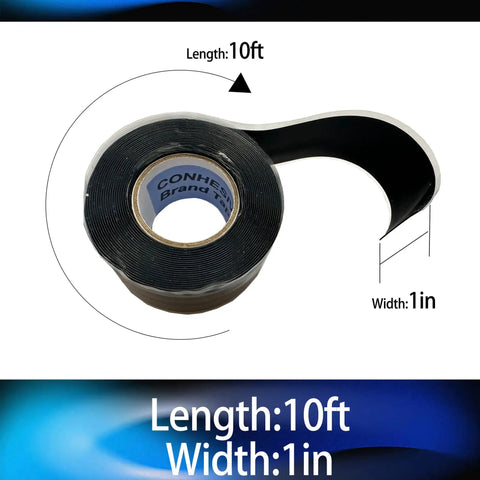 Self-Fusing Silicone Tape 1 Inch By 10 Feet Self-Welding Repair Tape showing roll dimensions and black material