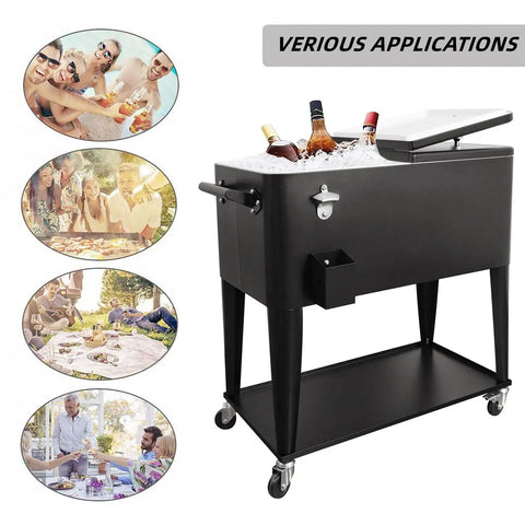 80 Quart Rolling Cooler Cart With Wheels For Outdoor Parties And Backyard Barbecues, black beverage station, bottle opener visible