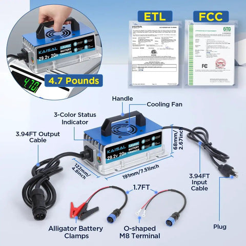 29.2V 20A LiFePO4 Battery Charger with IP67 waterproof housing, 0V Wake Up feature, dual connectors, ETL and FCC certified documents shown.