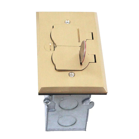 Flip Lid Floor Box Kit With One Gang Receptacle, 20 Amp Tamper Resistant Weather Resistant Outlet, Brass Cover, Watertight Gasket
