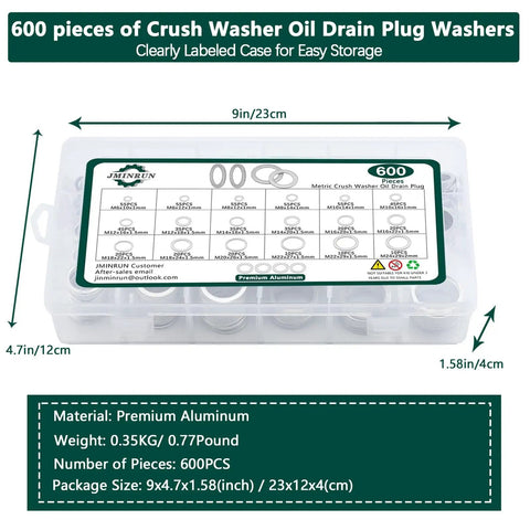 Oil Drain Plug Gasket Kit With 18 Size Aluminum Crush Washers, 1-2mm Thick, M6 To M24, Anti Leak, Corrosion Resistant Coating