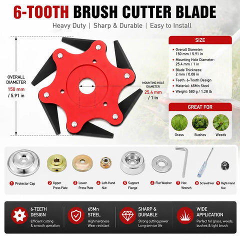 Heavy-Duty 6-Tooth Brush Cutter Blade For Yard Machines And Lawn Tractors Made From Durable Heat Treated 65Mn Steel, 150mm size.