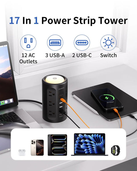 Power Strip Tower All In One Charging Station with 12 AC Outlets and 5 USB Ports plus Night Light 10 Foot Cord for office use