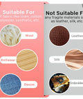 Image showing fabric types suitable for Micro Stitch Gun: wool, knitwear, denim; not suitable: leather, silk, embroidery.
