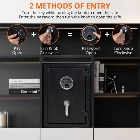 Heavy Duty Home Safe With Digital Keypad Lock, Solid Steel Construction, Interior Lining, Bolt Down Kit, 1.9 Cubic Feet Capacity, Safeguards Documents, Jewelry, And Valuables From Break Ins, shown with two methods of entry instructions.