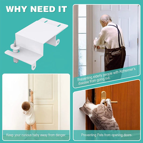 Collage of door safety lock for kids and pets, showing uses and benefits with images of child, elderly person, and cat near doors.