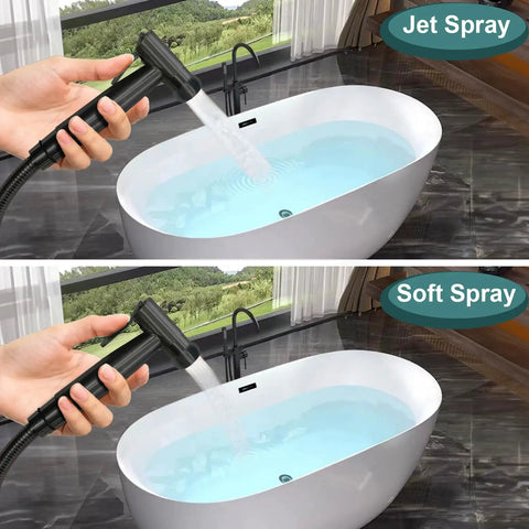Handheld Bidet Sprayer For Toilet With Premium Stainless Steel Kit in jet spray and soft spray modes over bathtub