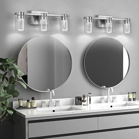 Three Light Brushed Nickel Vanity Light With Crystal Glass Shade 3000K 4000K 6000K Color Temperature Eye Protection LED Wall Sconce