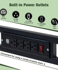 Heavy Duty Adjustable Height Workbench With Built In Power Outlets And Solid Rubber Wood Top power outlet panel with 4 AC, 2 USB ports.