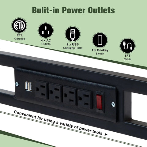 Heavy Duty Adjustable Height Workbench With Built In Power Outlets And Solid Rubber Wood Top power outlet panel with 4 AC, 2 USB ports.
