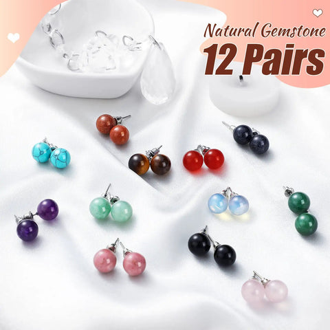 12 Pairs Gemstone Ball Stud Earrings Set With Amethyst Rose Quartz Rock Quartz Carnelian Green Aventurine Black Obsidian And More For Women Everyday Wear Vibes 10mm polished stone studs