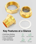 Two Pack Brass Union Fittings 1 Inch NPT Male to 1 Inch NPT Female Pipe Connector with features listed