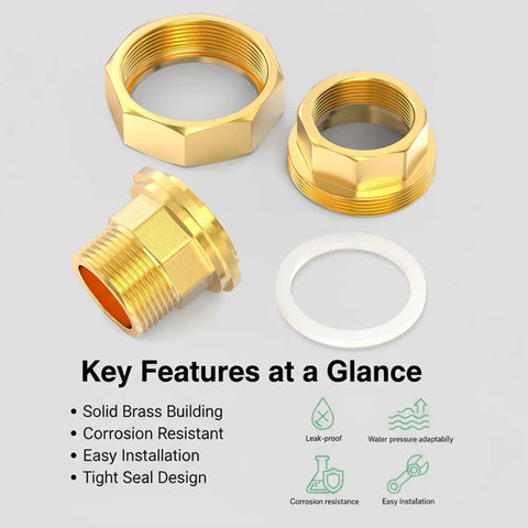 Two Pack Brass Union Fittings 1 Inch NPT Male to 1 Inch NPT Female Pipe Connector with features listed