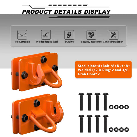 Two Pack Tractor Bucket Hooks With Tie Down Ring, Grade 70 Forged Steel Bolt On Grab Hook Tow Hook Mount With Backer Plate, Orange