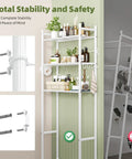 Three Tier Over Toilet Storage Rack With Built In Paper Towel Holder And Heavy Duty Hooks, Smart Bathroom Organizer Shelf showcasing stability features and organization.