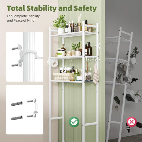 Three Tier Over Toilet Storage Rack With Built In Paper Towel Holder And Heavy Duty Hooks, Smart Bathroom Organizer Shelf showcasing stability features and organization.