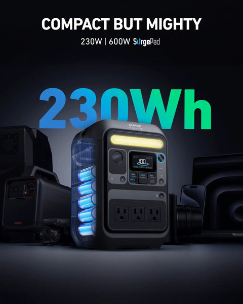 Solix C200X Portable Power Station with 60W Solar Panel, displaying 230Wh capacity, 300W continuous power, and 600W surge.