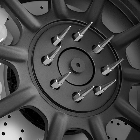 Close-up of Spike Lug Nuts 14mmx1.5 Chrome 32 Piece Set With Closed End 60 Degree Cone Seat on wheel