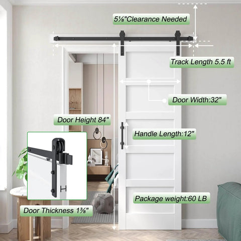 White 30x84 Inch Barn Door With 5.5 Foot Sliding Hardware Kit Included And Handle Solid Wood And MDF Core With PVC Surface Easy DIY Assembly 5 Panel Design Fits 27 To 28 Inch Opening