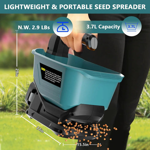Electric Grass Seed Spreader For 18V Makita Battery handheld spreading seeds, detailed view of hopper and controls.