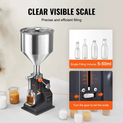 Easy Pull Down Manual Liquid Filler With 10 Liter Hopper And Adjustable 5 To 50 Ml Settings For Smooth Bottling Of Juice Shampoo Honey And Hobby Crafts Built Tough And Reliable with visible scale and 5-50ml volume settings.