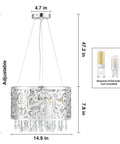 Modern Crystal Drum Chandelier With Six Beaded Crystals, 14.9 Inch Ring Pendant Ceiling Light dimensions and bulb type