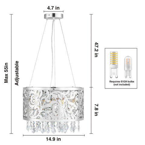 Modern Crystal Drum Chandelier With Six Beaded Crystals, 14.9 Inch Ring Pendant Ceiling Light dimensions and bulb type