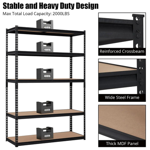 Heavy Duty Metal Storage Shelves 48 x 24 x 72 In Five Tier Adjustable Rack For Garage, Kitchen And Warehouse Ultra Sturdy Versatile Shelving Unit That Grows With Your Stuff, black steel frame