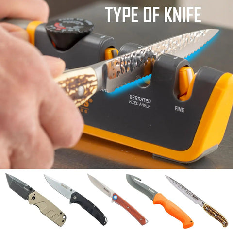 Adjustable Angle Knife Sharpener With 2-Stage Coarse And Fine Sharpening for Serrated and Straight Edge Blades in use