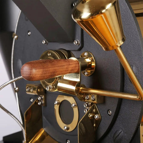 Close-up of a Commercial Drum Coffee Roaster Machine With Digital Temperature Control And Rapid Cooling System for cafes