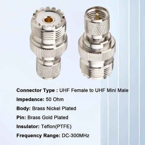 Mini UHF PL259 To UHF SO239 Coax Adapter Set 2 Pack with nickel plated brass body and Teflon insulator on blue background