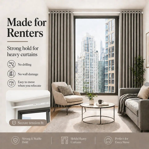 Living room with heavy duty no drill curtain rod tension rod for windows 66 to 120 inches, white, holding heavy curtains.