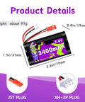 Two Pack 7.4V 3400mAh Li Ion Batteries With Red JST Plug For RC Speed Truggy Boats Drones Airsoft Water Ball Blasters And 2S Charger High Capacity Power Up Your Rigs With Easy Recharges, battery dimensions, weight, and plug details.