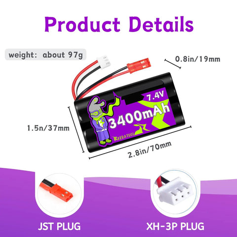 Two Pack 7.4V 3400mAh Li Ion Batteries With Red JST Plug For RC Speed Truggy Boats Drones Airsoft Water Ball Blasters And 2S Charger High Capacity Power Up Your Rigs With Easy Recharges, battery dimensions, weight, and plug details.