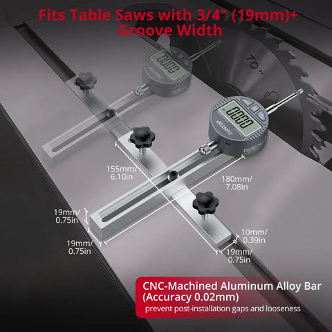 Digital Table Saw Alignment Gauge With 0.0005 Inch Resolution And Fast Response, Pro Grade Anodized Aluminum Bar, close-up view