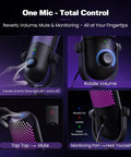 PC Gaming USB Condenser Microphone With RGB Lighting Stand Mic One Tap Mute Real Time Monitoring Noise Reduction Recording features