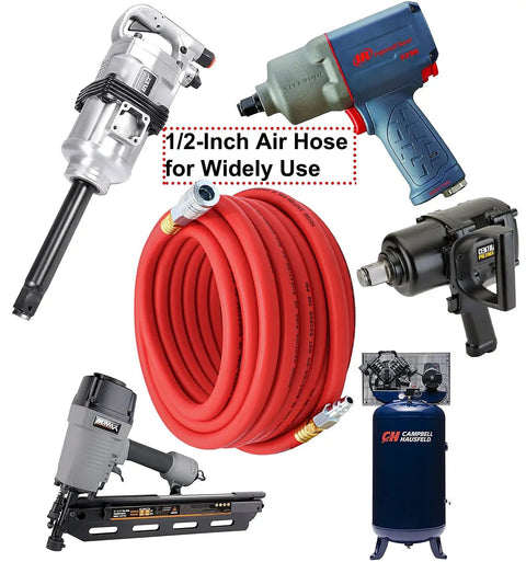 Workhorse Heavy Duty 1/2 In X 50 Ft Hybrid Air Hose for Compressors, 300 PSI, shown with air tools and compressor, red