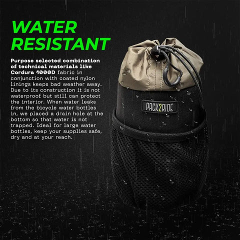 Bongo Bike Handlebar Bag Water Resistant Cordura 1000D Front Stem Bag With Water Bottle Holder shown in wet conditions