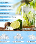 Glass of mojito with lime and mint surrounded by various ice types including nugget, cube, and bullet ice, promoting chewability.