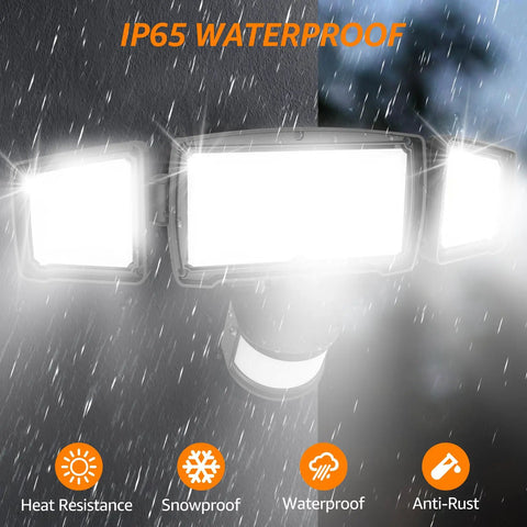 IP65 waterproof Motion Sensor Outdoor Flood Light With Three Adjustable Heads under rain showing heat, snow, and rust resistance.