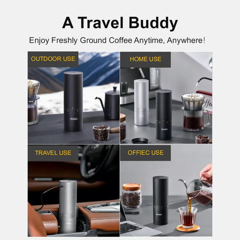 Portable Coffee Grinder With 60 Grind Settings And Conical Burr, USB C Rechargeable, 4400mAh Battery for multiple uses displayed.