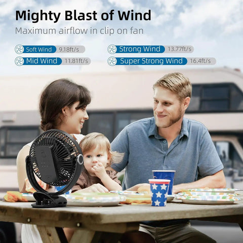 Family using All Day Cool On The Go Clip On Fan With 10000mAh Battery 8 Inch Blade USB Powered Four Speed Settings Strong Airflow outdoors