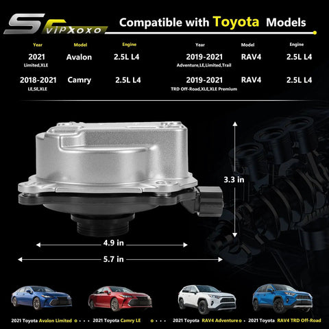 Direct Swap Electric Coolant Water Pump Keep Your Daily Runner Frost Free For 2018 To 2023 Toyota Camry RAV4 Avalon Highlander Sienna Venza And Lexus ES NX 2.5L L4 Gas Engine No Sweat Replacement, side view with dimensions.