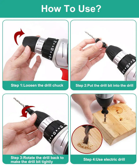 Four Piece Hex Shank Countersink Drill Bit Kit Quick Swap Chuck Compatible Design shown in use with electric drill on wooden surface.