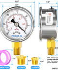 MEANLIN stainless steel vacuum gauge, 2 inch dial, 1/4 NPT inlet, with 1/2 and 3/8 NPT bushings and pink Teflon tape